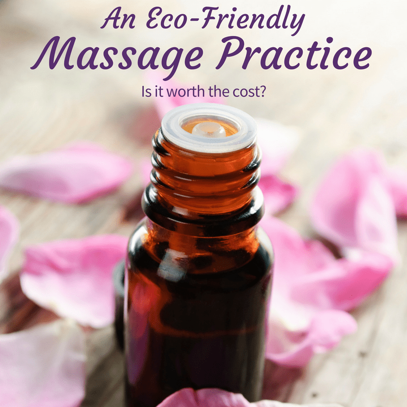 Close-up of an aromatherapy bottle surrounded by flower petals. The text on the image says; an Eco-friendly massage practice - is it worth the cost?
